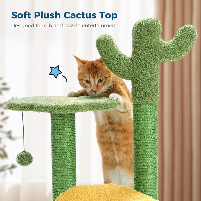 Made4Pets Cat Tree Cactus Cat Scratching Post 26” Cats Tree Tower for Indoor Cat Scratchers Kitty Tower with Flower Perch, Dangling Ball