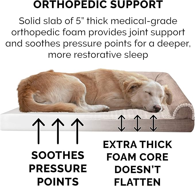 Furhaven Orthopedic Dog Bed for Large Dogs w/ Removable Bolsters & Washable Cover, For Dogs Up to 125 lbs - Luxe Faux Fur & Performance Linen Sofa - Woodsmoke, Jumbo Plus/XXL