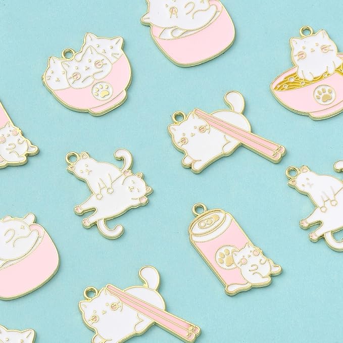 KitBeads 12pcs 6 Styles Cat Charms Enamel Pet Food Charms Drink Noodle Chopsticks Cute Animal Pink Kitten Charms for Jewelry Making Bulk