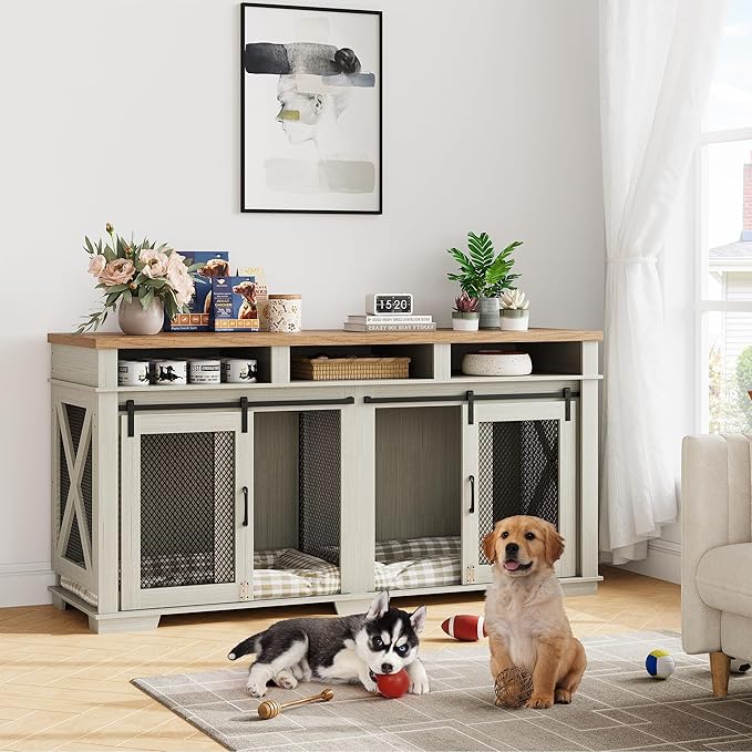 Dog Crate Furniture, 71" Heavy Duty Dog Kennel with 3 Storage Cubby for 2 Dogs, Versatile Dog House with Removable Divider and 2 Sliding Barn Door for Large Dog, White/Light Oak