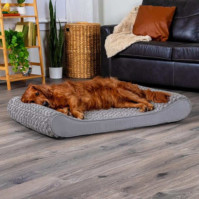 Furhaven Orthopedic Dog Bed for Large Dogs w/ Removable Washable Cover, For Dogs Up to 75 lbs - Ultra Plush Faux Fur & Suede Luxe Lounger Contour Mattress - Gray, Jumbo/XL