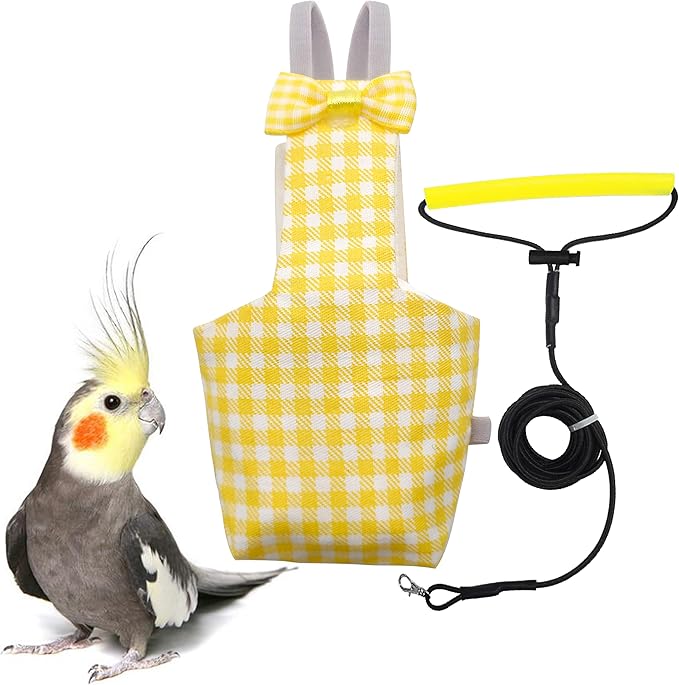 Bird Diaper Harness Flight Suit Clothes with 80 Inch Flying Leash Rope for Parrots Conure Cockatiel Pet Birds Weight 80-105 Grams, M Size Yellow, Including A Cotton Pad