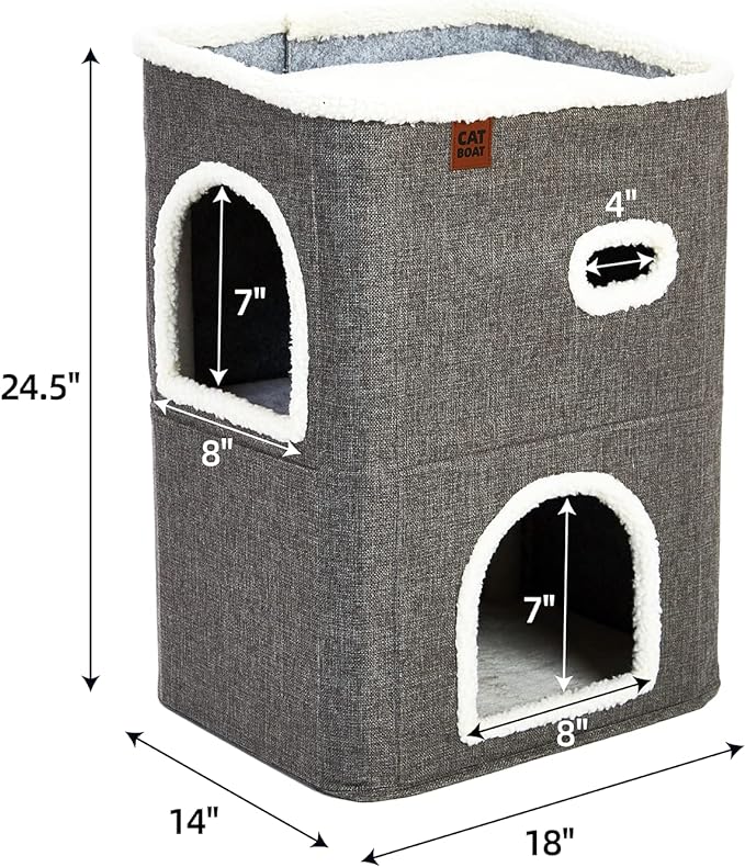 CATBOAT 2-Storey Cat House for Indoor Cats Bed, Covered Cat Cave Beds & Furniture with Scratch Pad and Hideaway Cave, Cute Modern Cat Condo for Multi Small Pet Large kitten kitty, Grey