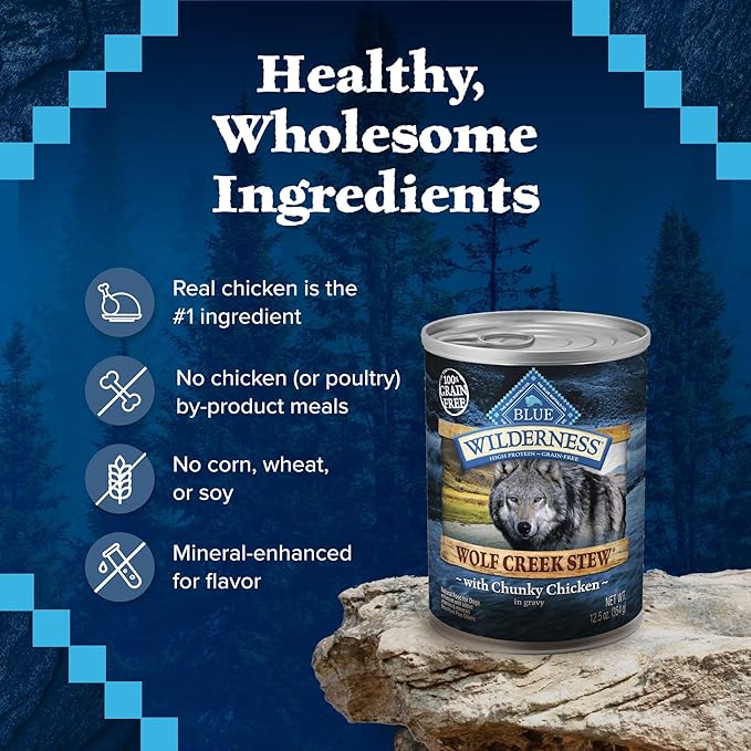 Blue Buffalo Wilderness Wolf Creek Stew High Protein, Natural Wet Food for Dogs, Hearty Chicken Stew in Gravy, 12.5-oz cans, 12 Count