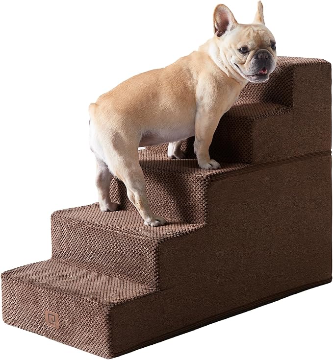 EHEYCIGA Dog Stairs for High Bed 22.5”H, 5-Step Dog Steps for Bed, Pet Steps for Small Dogs and Cats, Non-Slip Balanced Dog Indoor Ramp, Brown