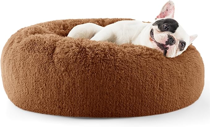 Bedsure Calming Dog Bed for Small Dogs - Donut Washable Small Pet Bed, 23 inches Anti-Slip Round Fluffy Plush Faux Fur Large Cat Bed, Fits up to 25 lbs Pets, Caramel