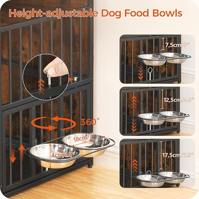 Dog Crate Furniture with Storage, 31.5" Heavy Duty Dog Kennel with Bowls & Removable Tray, Wooden Dog Cage End Table for Small/Medium Dogs, Chew-Resistant, Rustic Brown DCHR10801