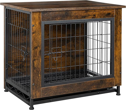 Shintenchi Wooden Dog Crate Furniture, Double-Doors Kennel Indoor with Removable Tray, End Table Dog Crate for Decoration, 27" L*20" W*24" H, Vintage Brown