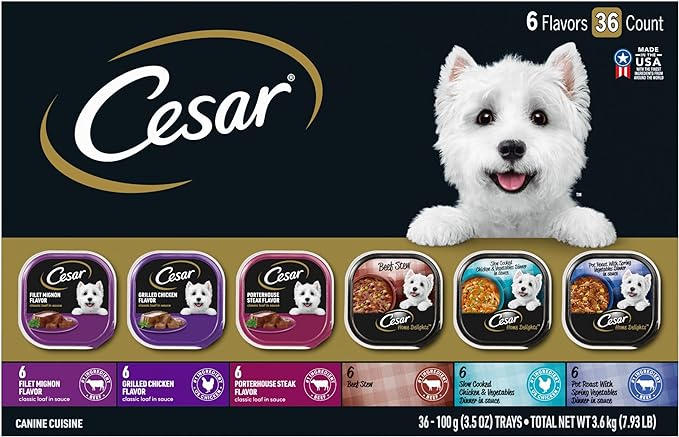 CESAR HOME DELIGHTS Adult Wet Dog Food & Classic Loaf in Sauce Variety Pack, 3.5 oz. Easy Peel Trays, 36 Count (Pack of 1)