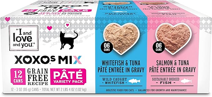 "I and love and you" XOXOs Canned Wet Cat Food, Salmon/Whitefish Pate, Grain Free, Real Meat, No Fillers, 3 oz Cans, Pack of 12 Cans