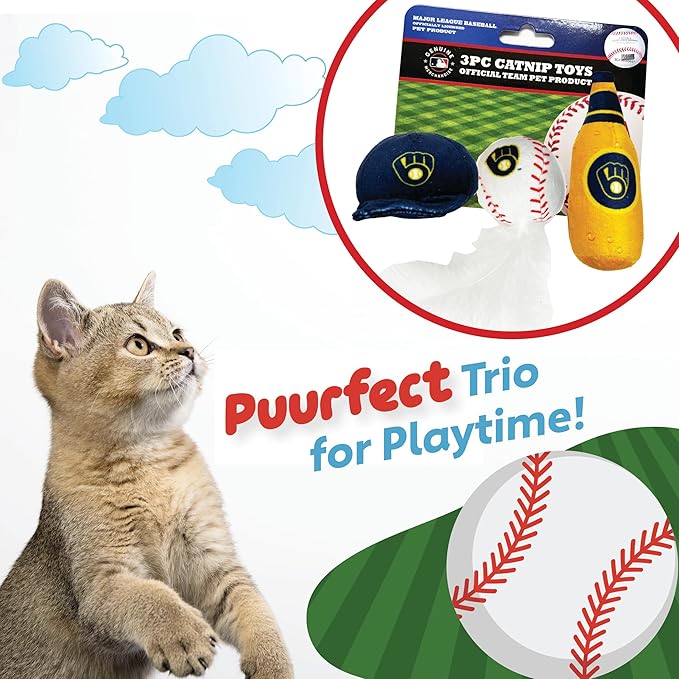 BEST PLUSH CAT TOY - MLB MILWAUKEE BREWERS Complete Set of 3 piece Cat Toys filled with Catnip. Incld: 1 Baseball Cap Cat Toy, 1 Baseball Cat Toy with Feathers & 1 Beer Bottle. Beautiful Team LOGOS