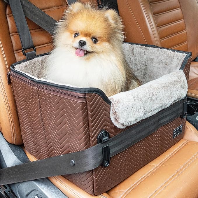 PETSFIT Car Seat for Dogs, Waterproof PU Leather Dog Car Seat for Small Dogs with Patent Safe Buckles, Clip-On Leash, Pet Travel Carrier Bed for Small Pets Up to 25lbs (Brown)