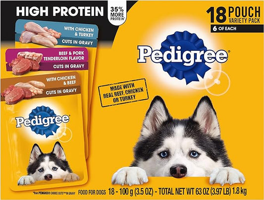 Pedigree High Protein Wet Dog Food Pouches, Variety Pack, 3.5 oz. Pouches,(Pack of 18)