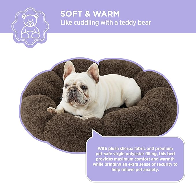 Lesure Calming Medium Dog Bed - Flower Donut Round Fluffy Puppy Bed in Plush Teddy Sherpa, Non-Slip Cute Flower Cat Bed for Indoor Cat, Medium Pet Bed Fits up to 45 lbs, Machine Washable, Espresso 30"
