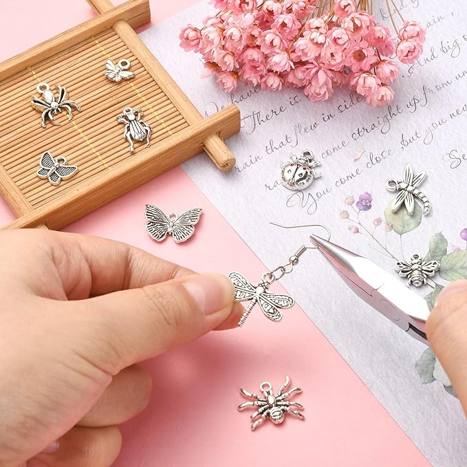 Stiesy 100 Pcs Insect Themed Tibetan Alloy Charms Vintage Dragonfly Bee Spider Cicada Ladybird Charms for DIY Crafts Keychain Making