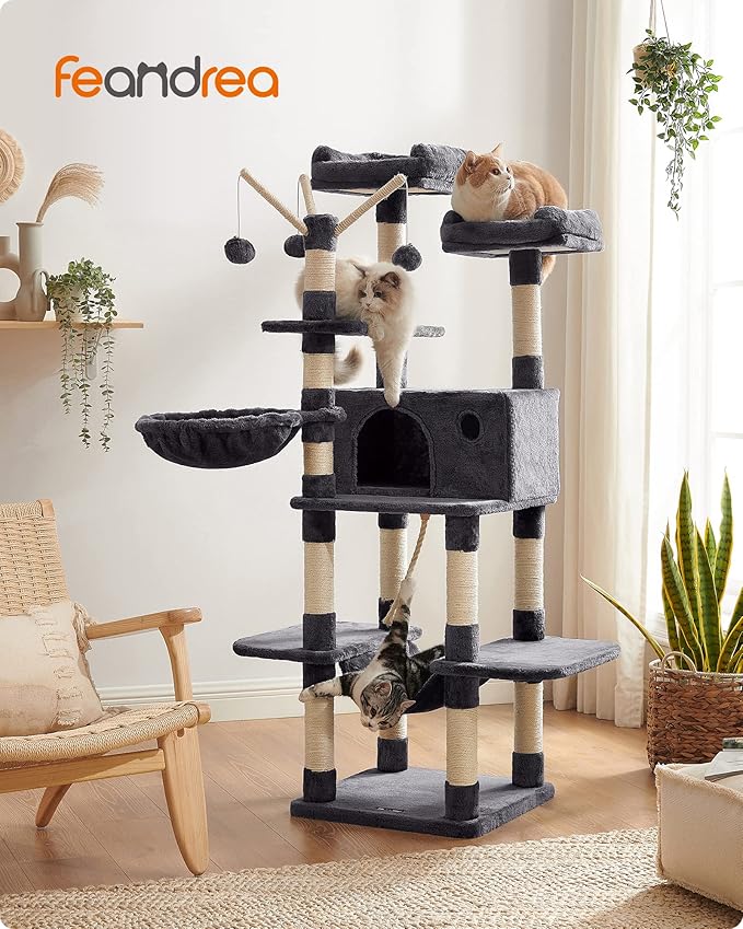 FEANDREA Cat Tree, Large Cat Tower, 64.6 Inches, Cat Activity Center with Hammock, Basket, Removable Fur Ball Sticks, Cat Condo, Smoky Gray UPCT087G01