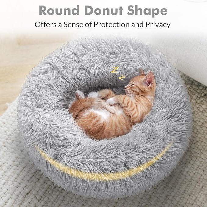 rabbitgoo Cat Beds for Indoor Cats, 24 inches Cat Bed Machine Washable, Fluffy Round Pet Bed Non-Slip, Calming Soft Plush Donut Cuddler Cushion Self Warming for Small Dogs Kittens, Light Grey, Large