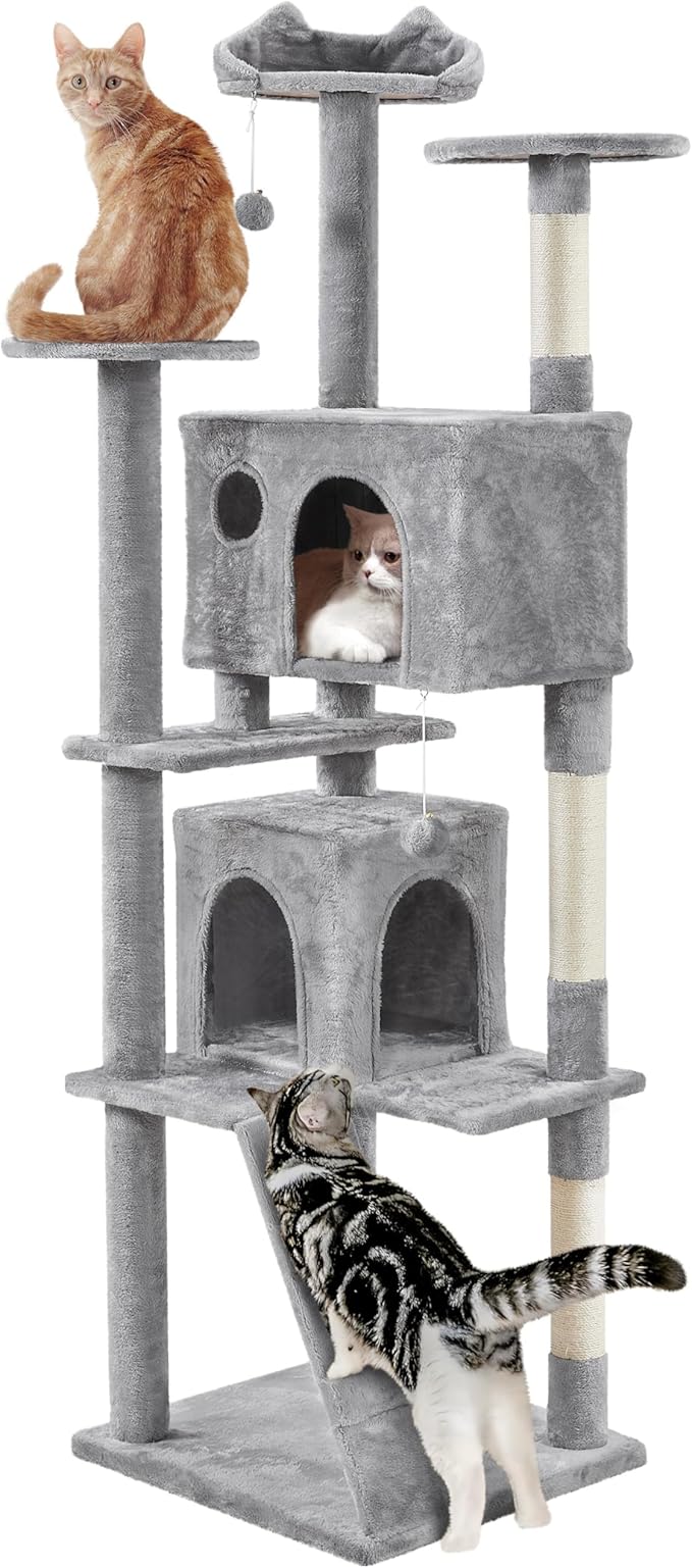 Yaheetech Tall Cat Tree, 80in Multi-Level Cat Tower with Cat Scratching Posts, Double Cat Caves, Perched Platforms and Dangling Balls, Cat Stand House for Kittens Pet, Light Gray