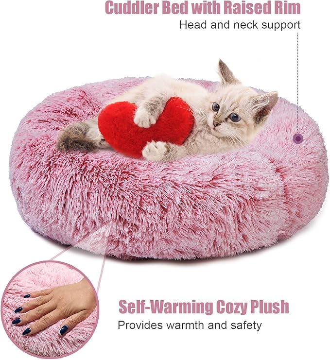 Aurako Cat Bed Dog Bed Round Cushion Pet Bed Mat Ultra Soft Plush Donut Sofa Comfortable Pillow Machine Washable Pet Cuddle Beds for Kitten Small Medium Large Dogs Cats 16" Pink