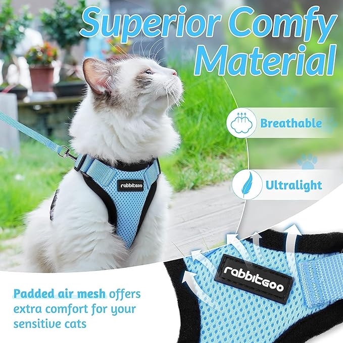 rabbitgoo Cat Harness and Leash for Walking, Escape Proof Soft Adjustable Vest Harnesses for Cats, Easy Control Breathable Reflective Strips Jacket, Light Blue,M