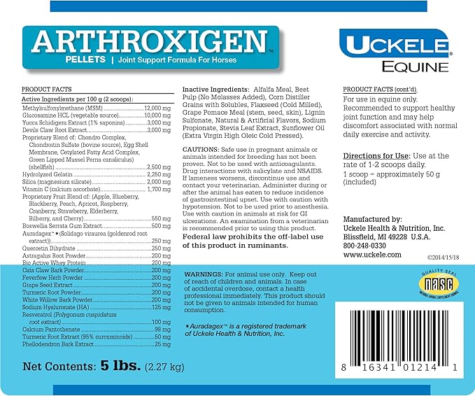 Uckele Arthroxigen Pellets - Joint Supplement Formula for Horses - Eqiune Vitamin & Mineral Supplement - Competition Ready - 5 Pound (lb)