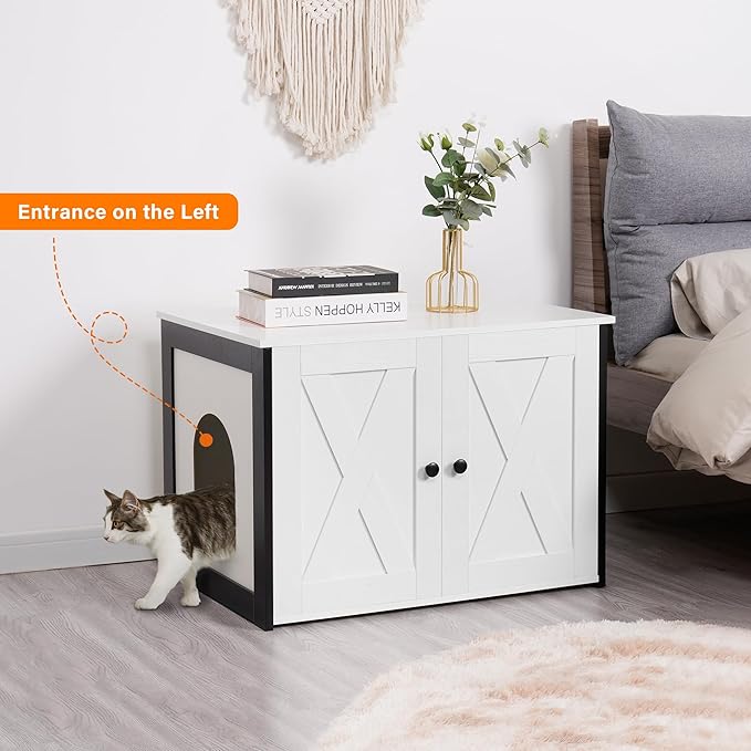 Dwanton Litter Box Enclosure, Cat Litter Box Furniture Hidden, Reversible Entrance Can Be on Left or Right Side, Wooden Cat Washroom Indoor, Fit Most of Litter Box, White