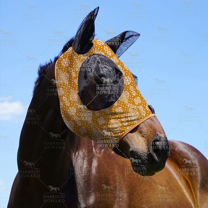 Harrison Howard Super Comfort Horse Fly Mask Elasticity Fly Mask with Ears UV Protection for Horse Floral Retro XL Extra-Full