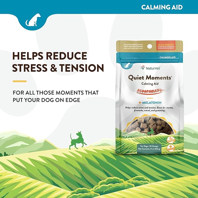 NaturVet Scoopables Quiet Moments Dog Calming Aid for Dogs - Promotes Calm with Stressful Events Like Storms, Fireworks, Travel, Separation Anxiety - Hickory Smoked Bacon Flavored | 11oz Bag