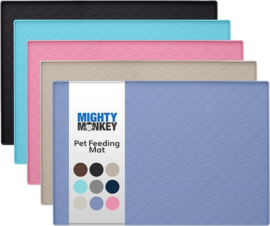 MIGHTY MONKEY 100% Waterproof Dog Food Mat, Raised Edges Silicone Pet Feeding Placemat for Cat, Dogs, Pet Bowls, High Lipped Tray Prevents Water Spills, Food on Floor, Dishwasher Safe, 22x14, Lt Blue