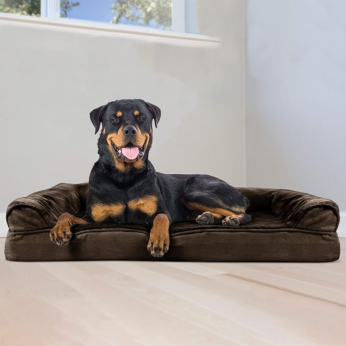 Furhaven Orthopedic Dog Bed for Large Dogs w/ Removable Bolsters & Washable Cover, For Dogs Up to 95 lbs - Plush & Suede Sofa - Espresso, Jumbo/XL