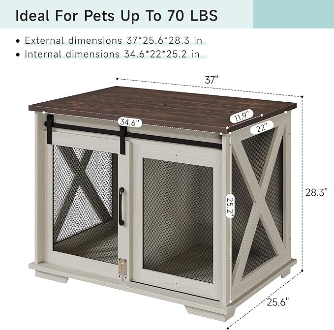 Furniture Style Dog Crate End Table with Sliding Barn Door, Indoor Dog Kennel Furniture with Removable Divider, Flip Top Dog Crate Table, Dog House,Dog Crate Furniture, White