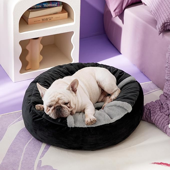 Lesure Medium Dog Bed with Cover Cave - Covered Round Dog Bed for Small and Medium Dogs, Machine Washable Burrow Pet Bed with Hooded Blanket, Cozy Cave Dog Bed with Anti-Slip Bottom, Black 26"
