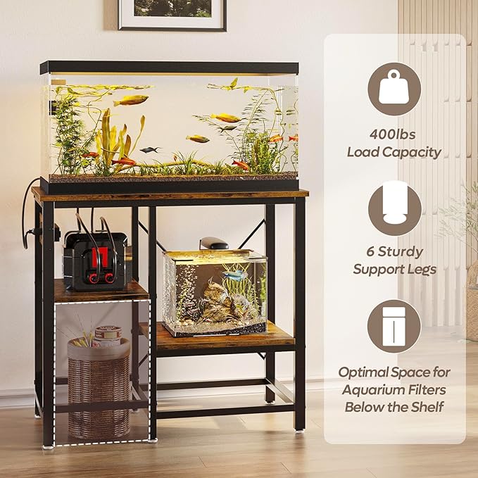 Bestier 20-29-37 Gallon Fish Tank Stand with Power Outlets, 6-Leg Metal Aquarium Stand, Reptile Tank Stand with 3-Tier Adjustable Storage Shelve, 400LBS Capacity 30.7" L x 13.8" W