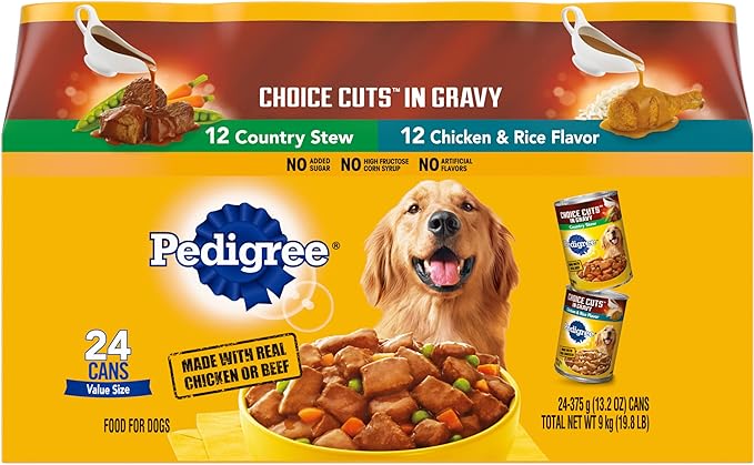 PEDIGREE CHOICE CUTS IN GRAVY Adult Canned Soft Wet Dog Food Variety Pack, Country Stew and Chicken & Rice Flavor, 13.2 oz. Cans (Pack of 24)