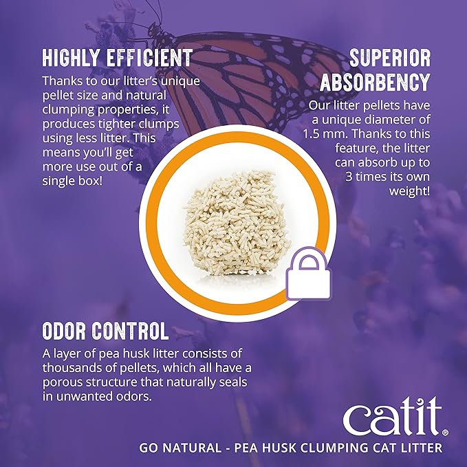 Catit - Go Natural Pea Husk Clumping Cat Litter - Lightweight, Dust Free, Easy Cleaning & Scooping, Flushable Kitty Litter with Odor Control & Subtle Fragrance - 12.3 Lbs, Lavender Scented