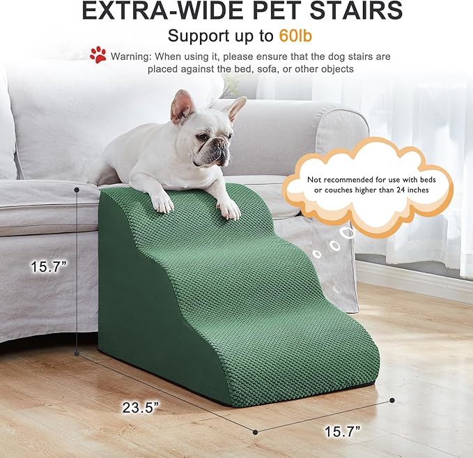 Ryoizen Dog Stairs for Small Dog for Bed Or Couch, Sturdy Dog Steps with High Density Foam, Extra-Wide 3-Step Pet Ladder Non-Slip Waterproof Ramp for Cat Pet, Gifts Lint Roller for Dogs, Green