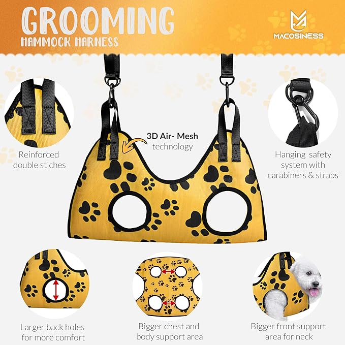 Pet Grooming Hammock for Nail Trimming - Complete Groomers Helper Set for Pet - Dog Grooming Hammock with Hook - Cat Nail Clipper - Dog Hammock for Nail Clipping (S, Gold with black paws)