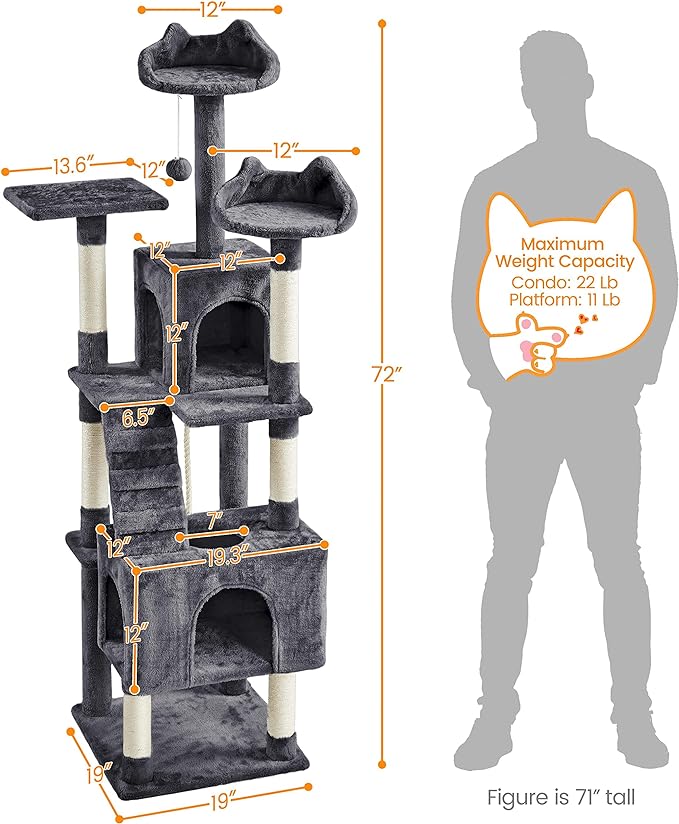 Yaheetech XL Cat Tree, 72in Multi-Level Cat Tower with 2 Cozy Caves, 3 Soft Perches, Scratching Posts, Board, and Dangling Ball, Cat Furniture Cat Play House Kittens, Dark Gray