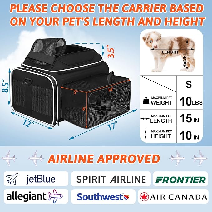 Top and Side Expandable Pet Carrier 17x12x8.5 Inches JetBlue Frontier Spirit Airline Approved, Soft-Sided Carrier for Small Cats and Dogs with Locking Safety Zipper and Anti-Scratch Mesh(Black)