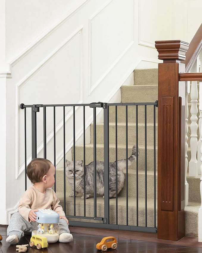 InnoTruth 28.9-42.1" Wide Baby Gate for Stairs, 30" Tall Dog Gates for Doorways Expandable One-Hand Open, Easy Walk Through Dual Lock Metal Pet Gates for Dogs, Black-Family & Mom's Choice Award Winner