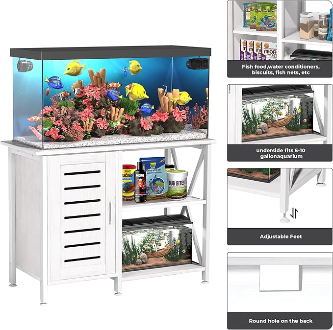 40-50 Gallon Fish Tank Stand, Aquarium Stand with Cabinet Accessories Storage, Heavy Duty Metal Frame, 40.55" L*18.89" W Tabletop, 850LBS Capacity, White PG02YGW