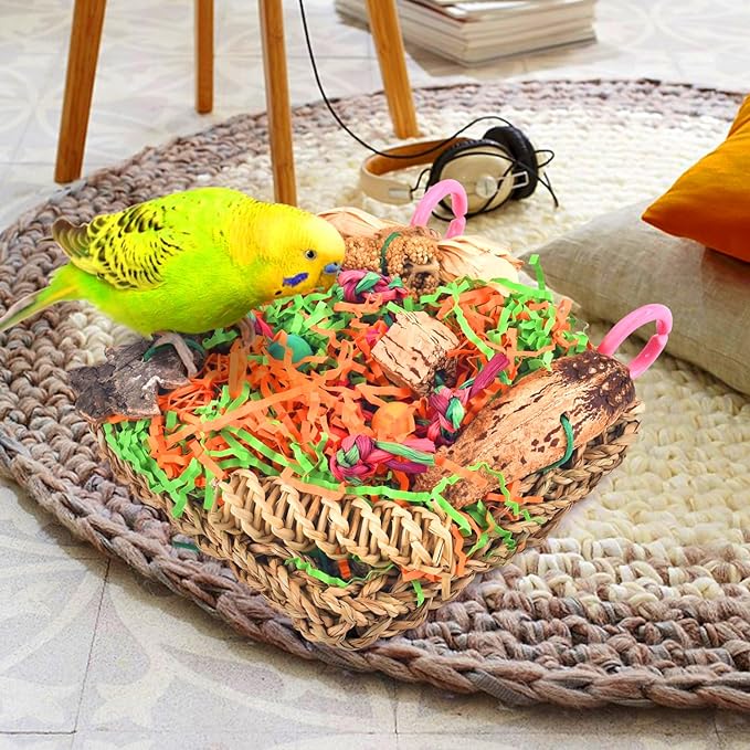 KATUMO Bird Toys, Parakeet Toys Conure Grass Mat Foraging Toys Parrot Shredding Hanging Toys for Cockatiel Lovebird Parakeet Budgie Small-Medium Birds