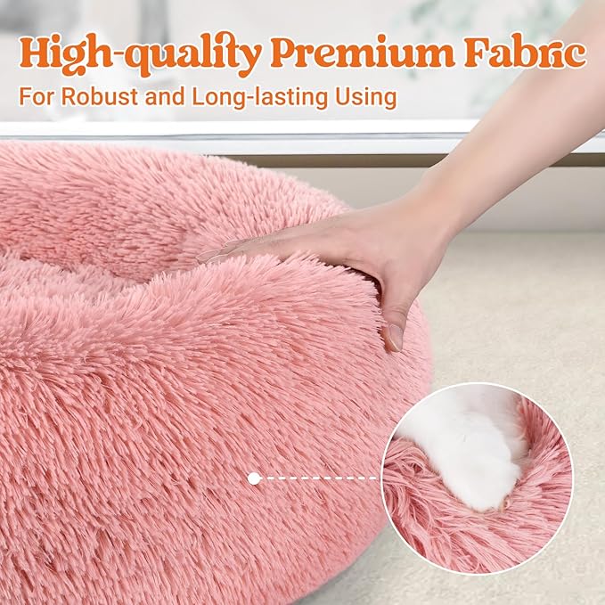 rabbitgoo Calming Dog Bed for Small Dog, 27 inches Pet Bed Washable, Fluffy Round Bed, Non-Slip Plush Large Cat Bed, Soft Cushion for Puppy, Pink