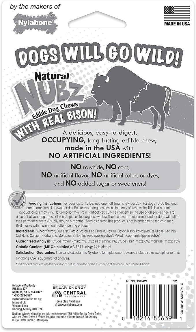 Nylabone Nubz WILD Natural Edible Chew Treats for Dogs, Made in USA, Bison Flavor, Small - Up to 25 lbs. (4 Count)