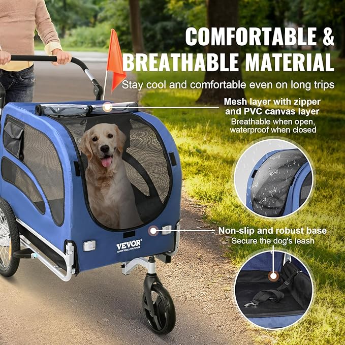 VEVOR Dog Bike Trailer, Supports up to 66/88/100 lbs, 2-in-1 Pet Stroller Cart Bicycle Carrier, Easy Folding Cart Frame with Quick Release Wheels, Universal Bicycle Coupler, Reflectors, Flag