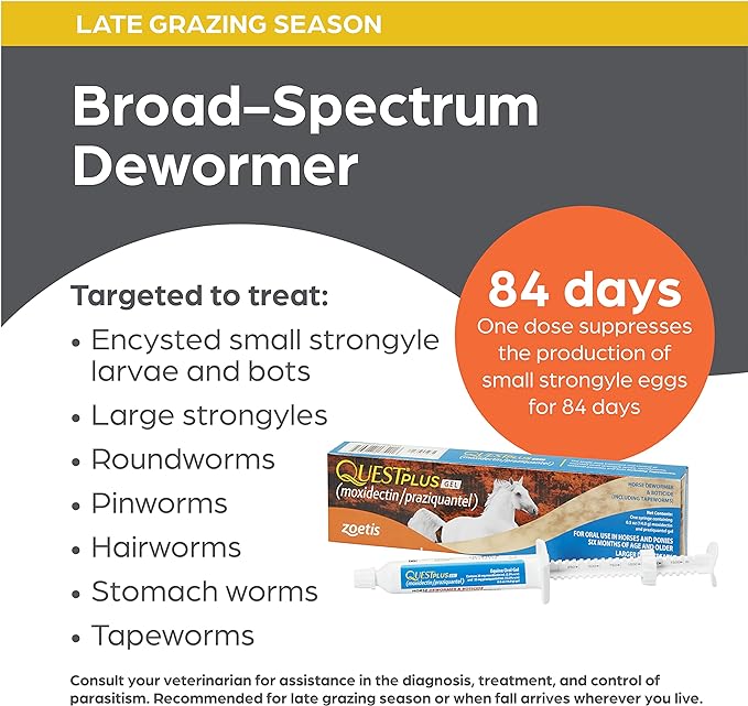 Quest Plus Gel Moxidectin/ Praziquantel Horse Dewormer, Late Grazing Season recommended for Horses and Ponies 6 months and older, 0.5oz Sure-Dial Syringe