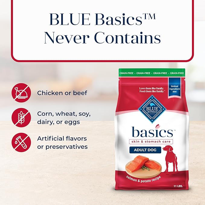 Blue Buffalo Basics Grain-Free Dry Dog Food for Adult Dogs, Limited Ingredient Diet, Salmon Recipe, 11-lb. Bag