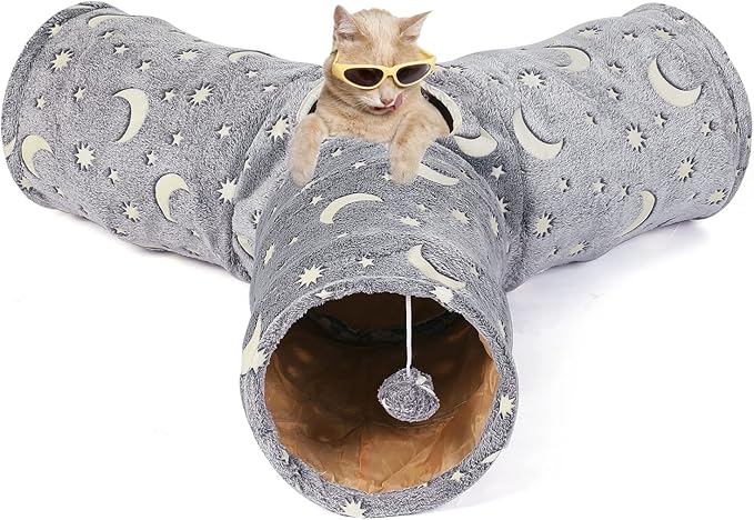 LUCKITTY Cat Tube Tunnel with Plush Ball Toys Collapsible Self-Luminous, for Cat Small Pets Bunny Rabbits, Kittens, Ferrets,Puppy and Dogs Grey Moon Star 3 Way