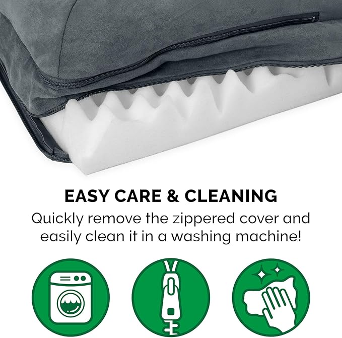 Furhaven Orthopedic Dog Bed for Large/Medium Dogs w/ Removable Bolsters & Washable Cover, For Dogs Up to 55 lbs - Two-Tone Plush Faux Fur & Suede L Shaped Chaise - Stone Gray, Large