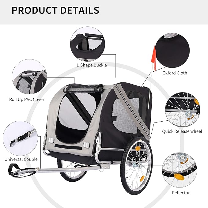 Bike Dog Trailer Folding Cart Frame with 3 Entrances Safety Flag 8 Reflectors, 20" Rear Wheels, Quick Conversion Bicycle Carrier for Medium Small Pets